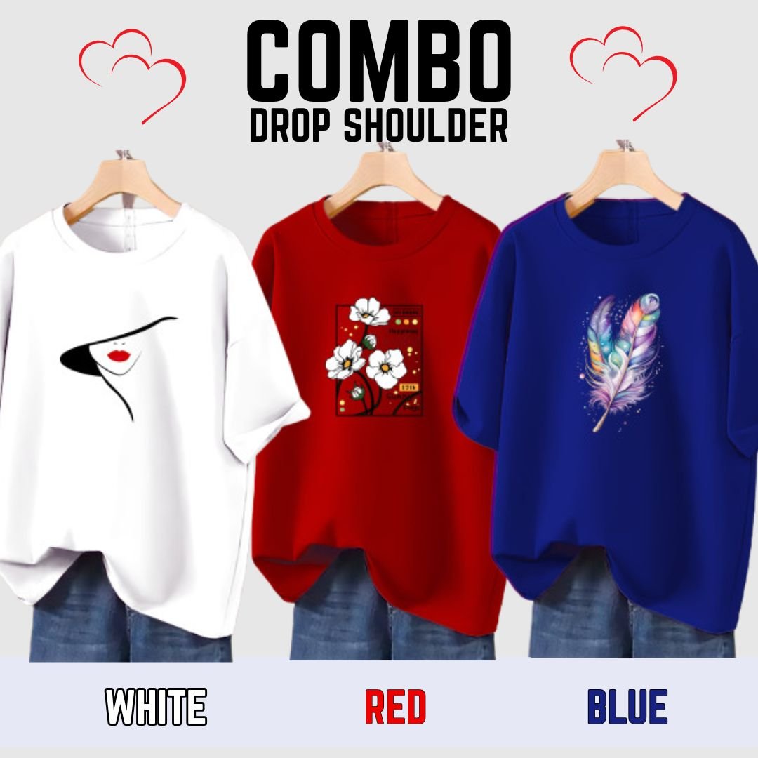 🤍💖 3 Pcs Combo Lovely Drop shoulder T-shirt for Women🤍💖 - STYLEX