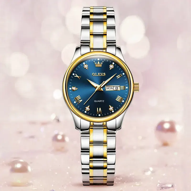 🤍💖 Olevs 5563 Luxury Fashion Round Quartz Women's Watch – Silver Gold & Blue 🤍💖