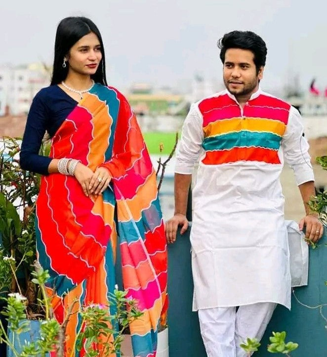 🤍💖 Georgette Sharee and Panjabi Couple Set 🤍💖