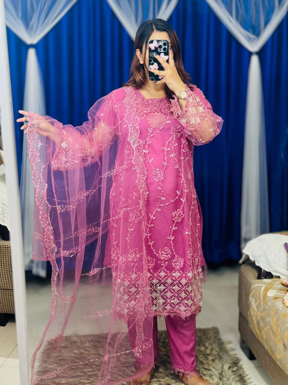 🤍💖 Pakistani Soft Net Sequence Three Piece 🤍💖