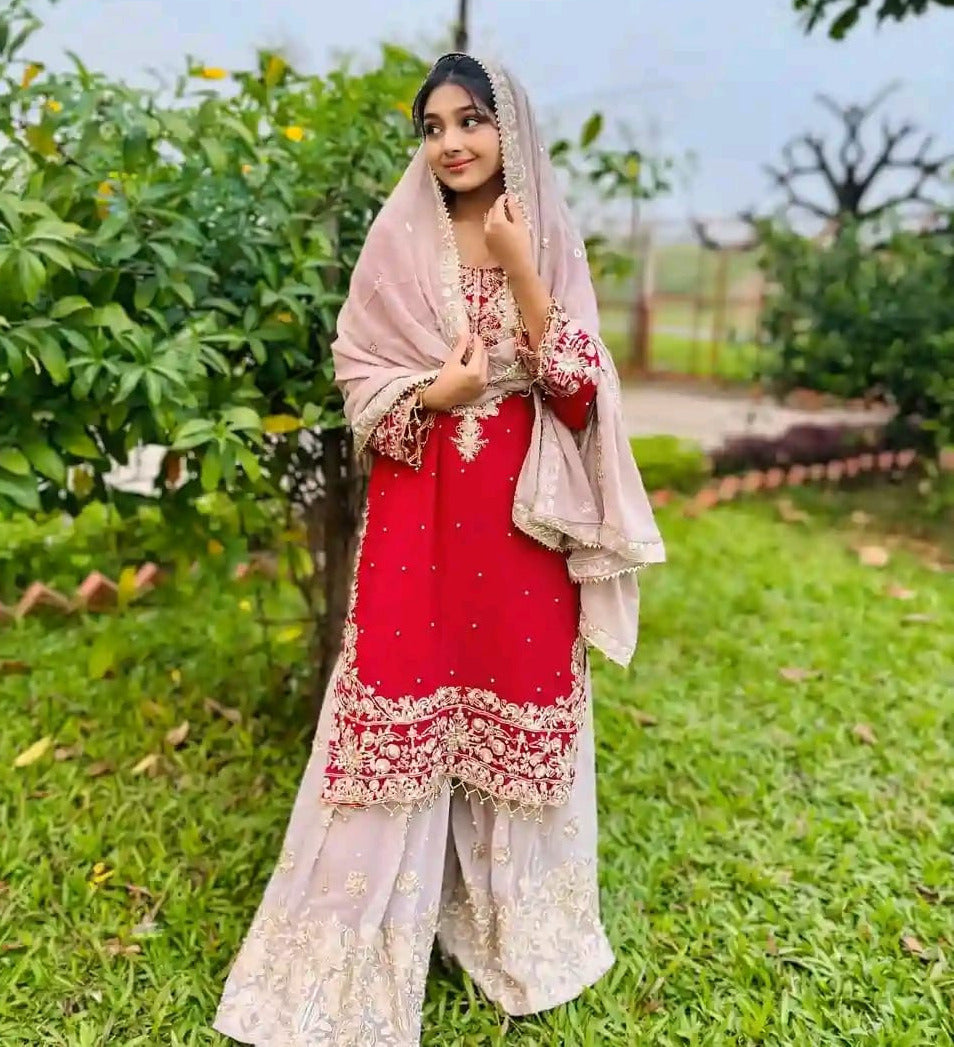 🤍💖 Viral Red Garara Three Piece 🤍💖