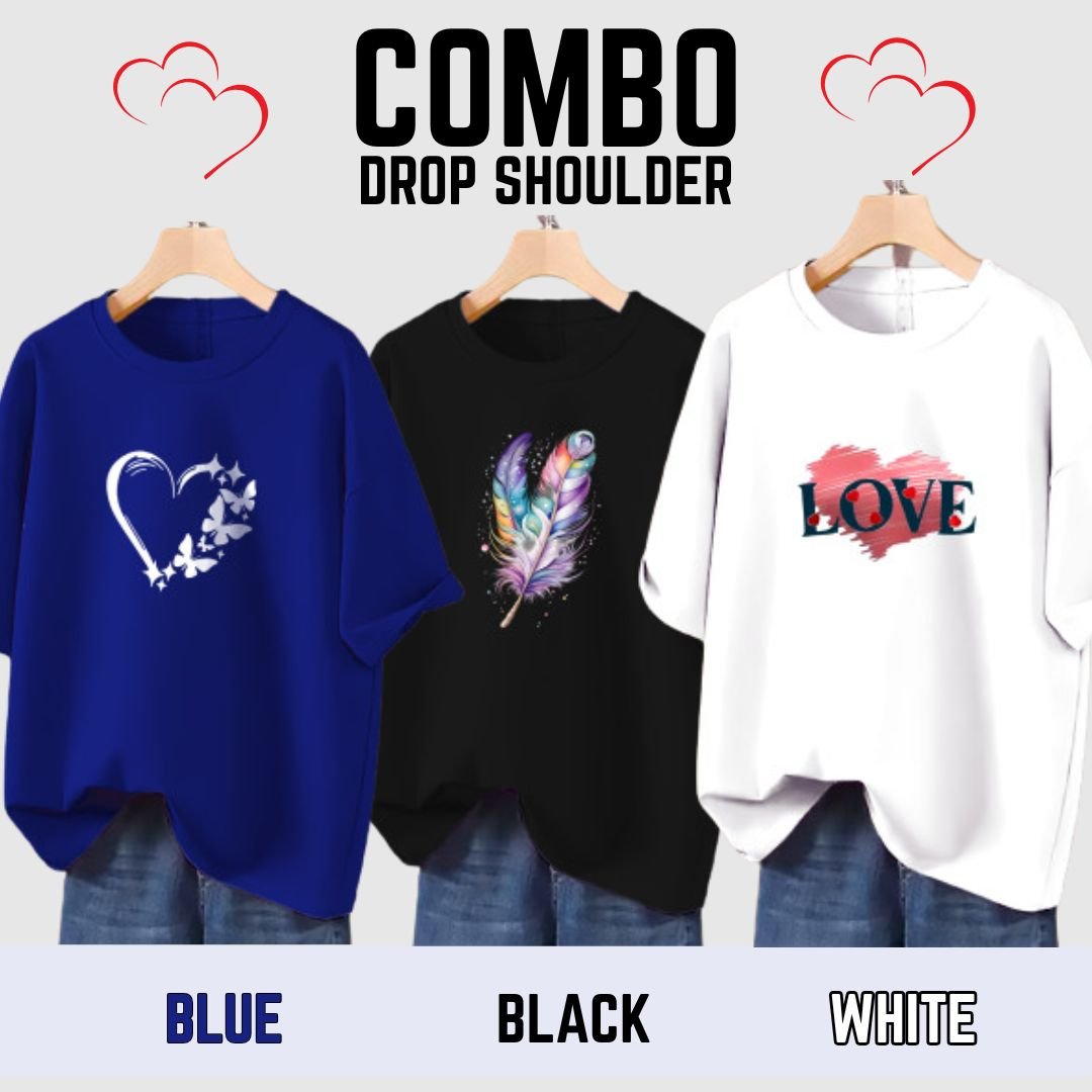 🤍💖 3 Pcs Combo Lovely Drop shoulder T-shirt for Women🤍💖 - STYLEX
