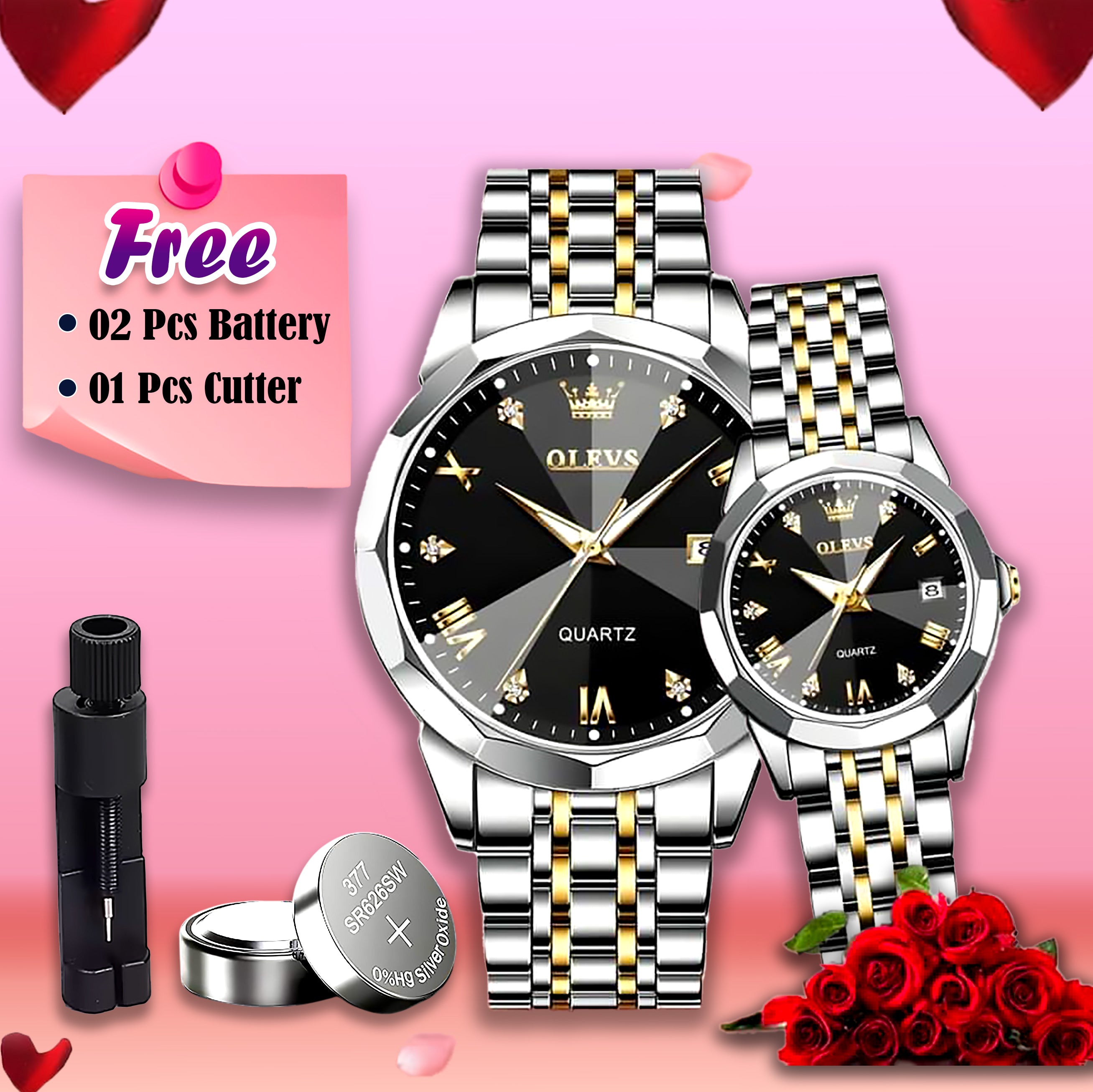 🤍💖 Butter Fly Lock Olievs Stainless Steel fashionable Couple watches +1pcs chain cutter+ 2 pcs battery 🤍💖