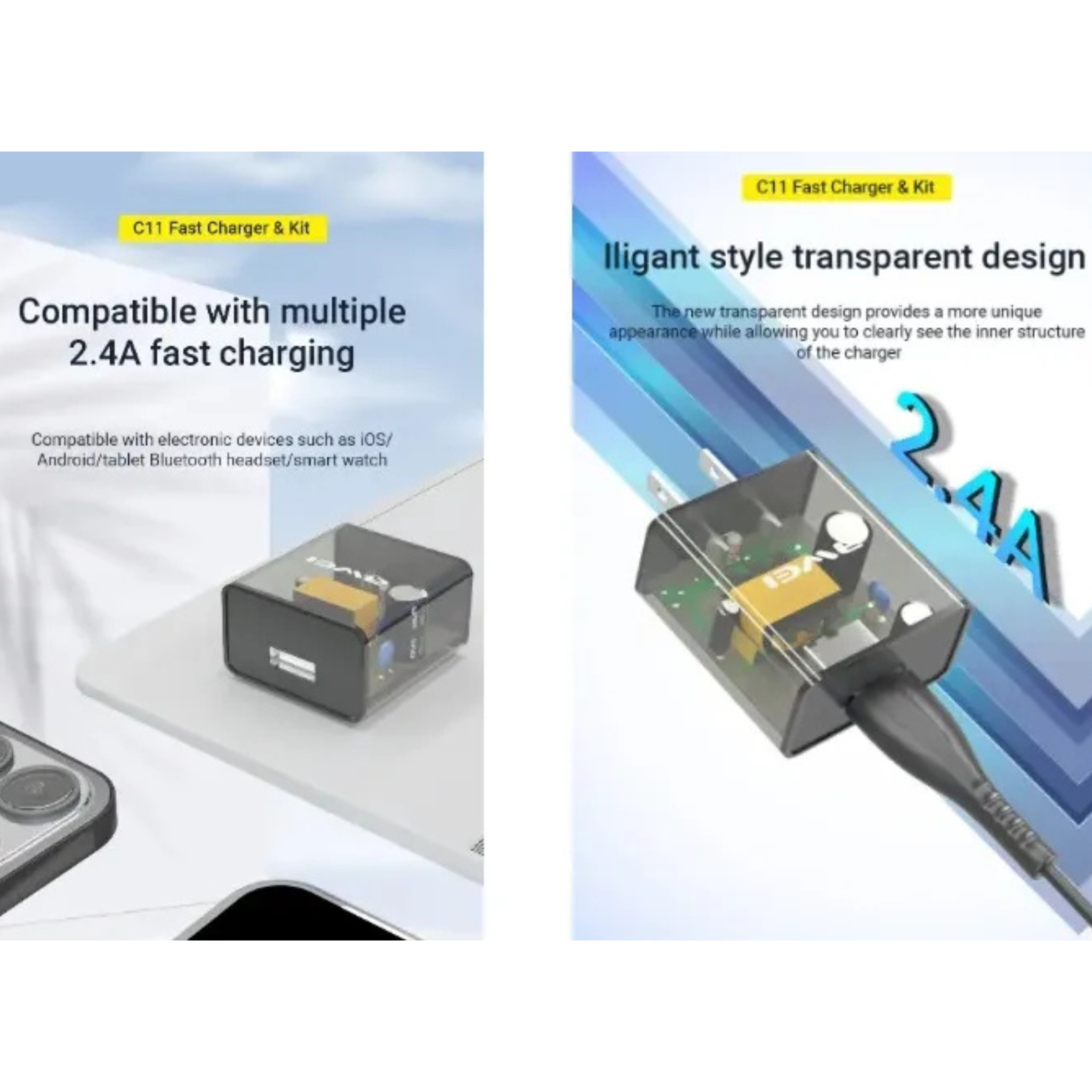 Awei C11T Fast Charging Type-C Adapter Transparent Wall Charger with 1M Type-C Data Transfer Cable