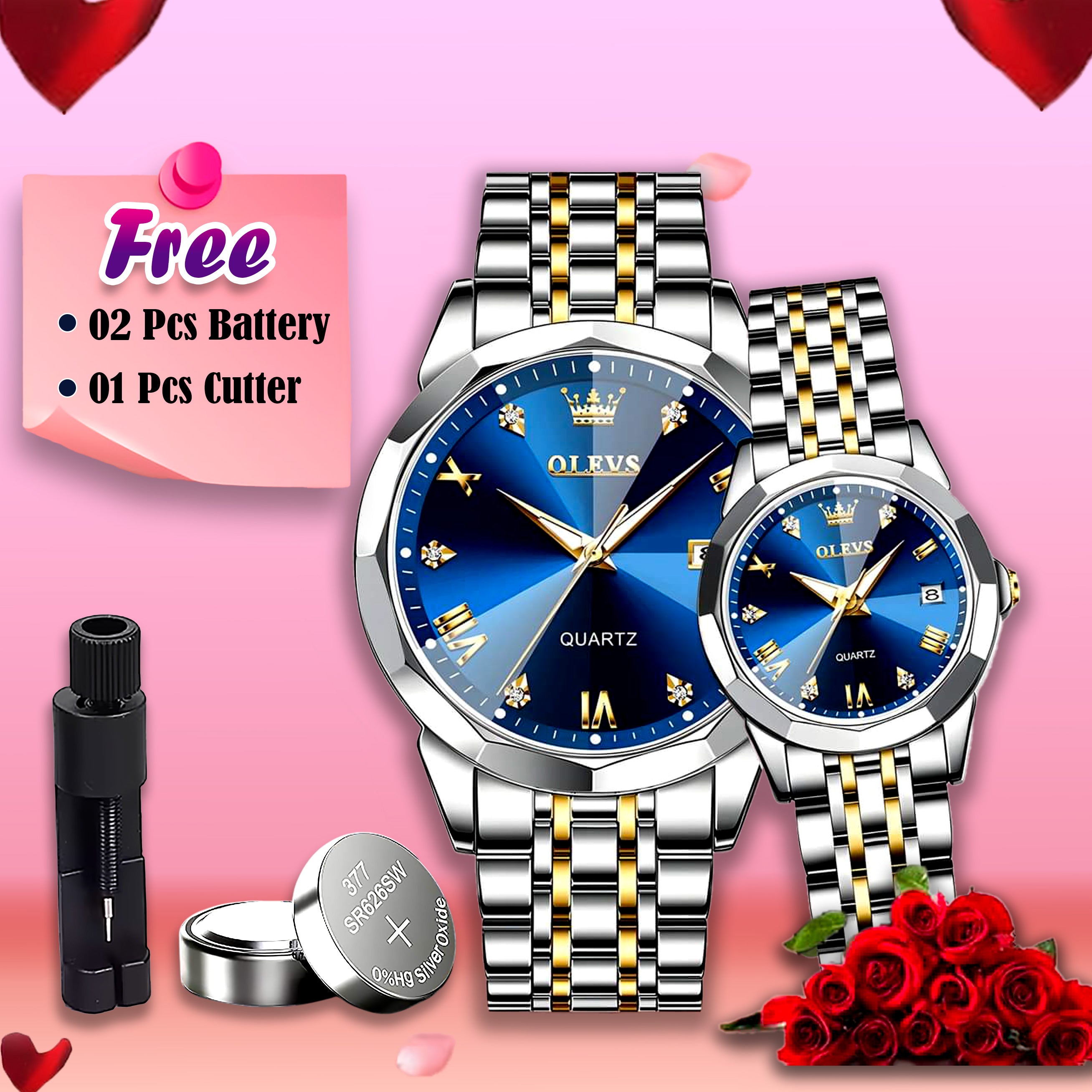 🤍💖 Butter Fly Lock Olievs Stainless Steel fashionable Couple watches +1pcs chain cutter+ 2 pcs battery 🤍💖