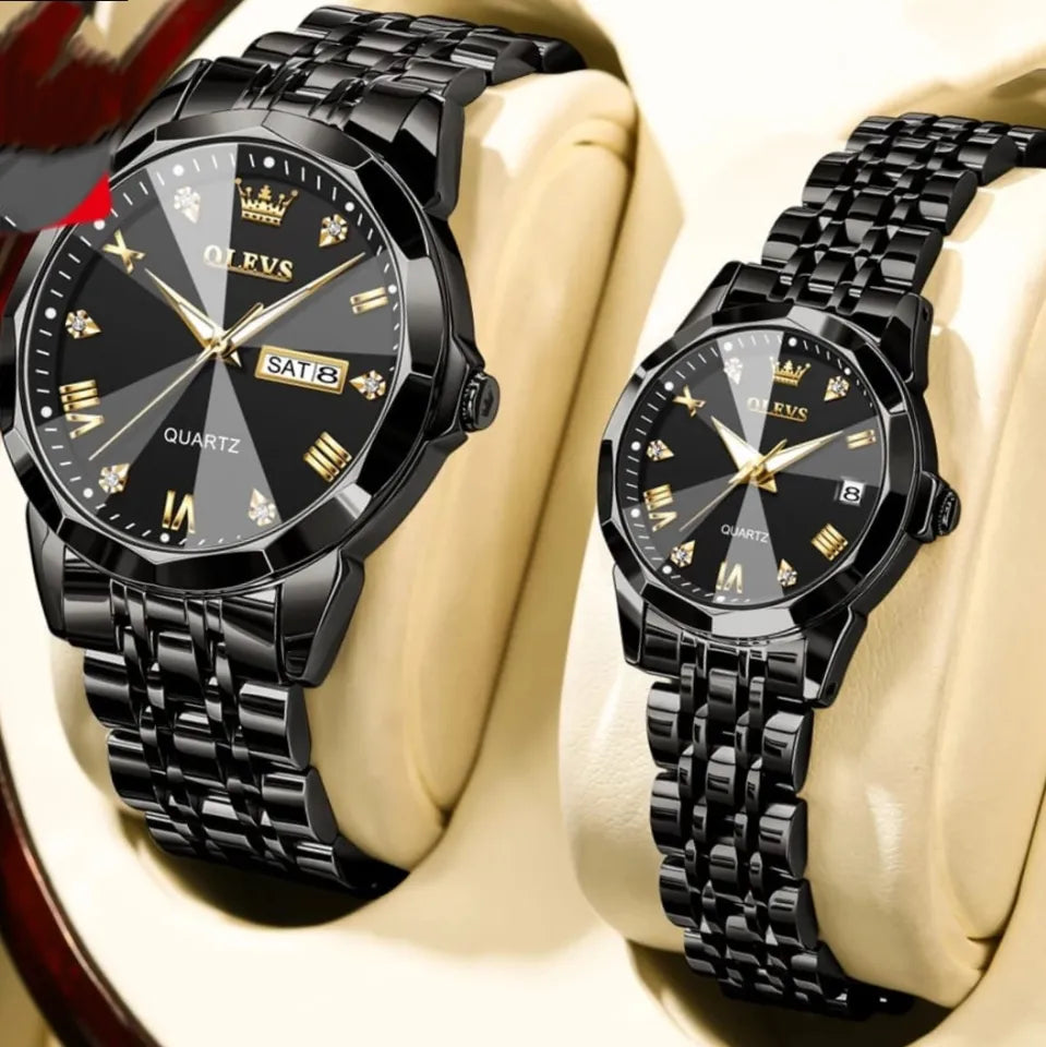 🤍💖 Butter Fly Lock Olievs Stainless Steel fashionable Couple watches +1pcs chain cutter+ 2 pcs battery Full Black 🤍💖