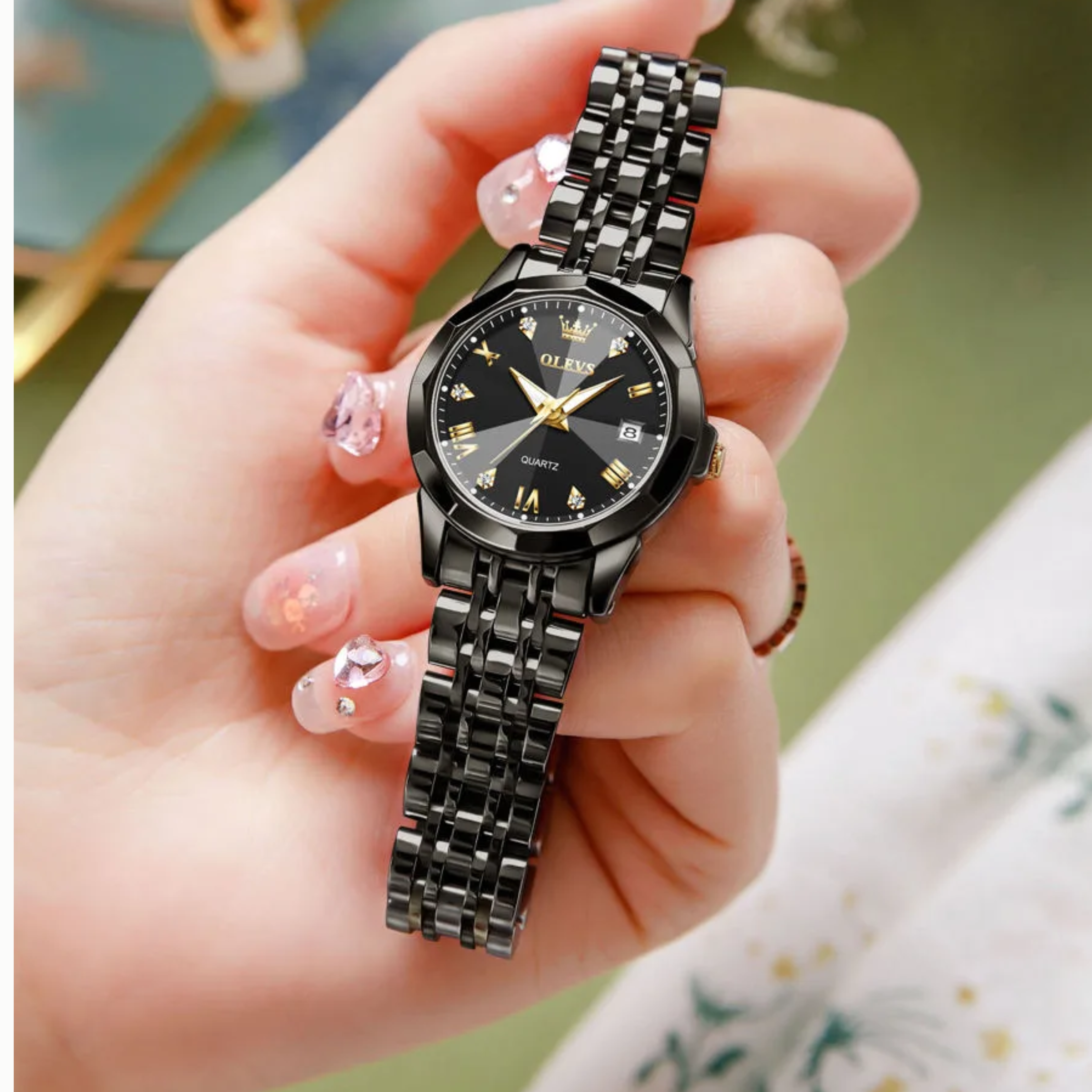 🤍💖 Butter Fly Lock Olievs Stainless Steel fashionable Couple watches +1pcs chain cutter+ 2 pcs battery Full Black 🤍💖