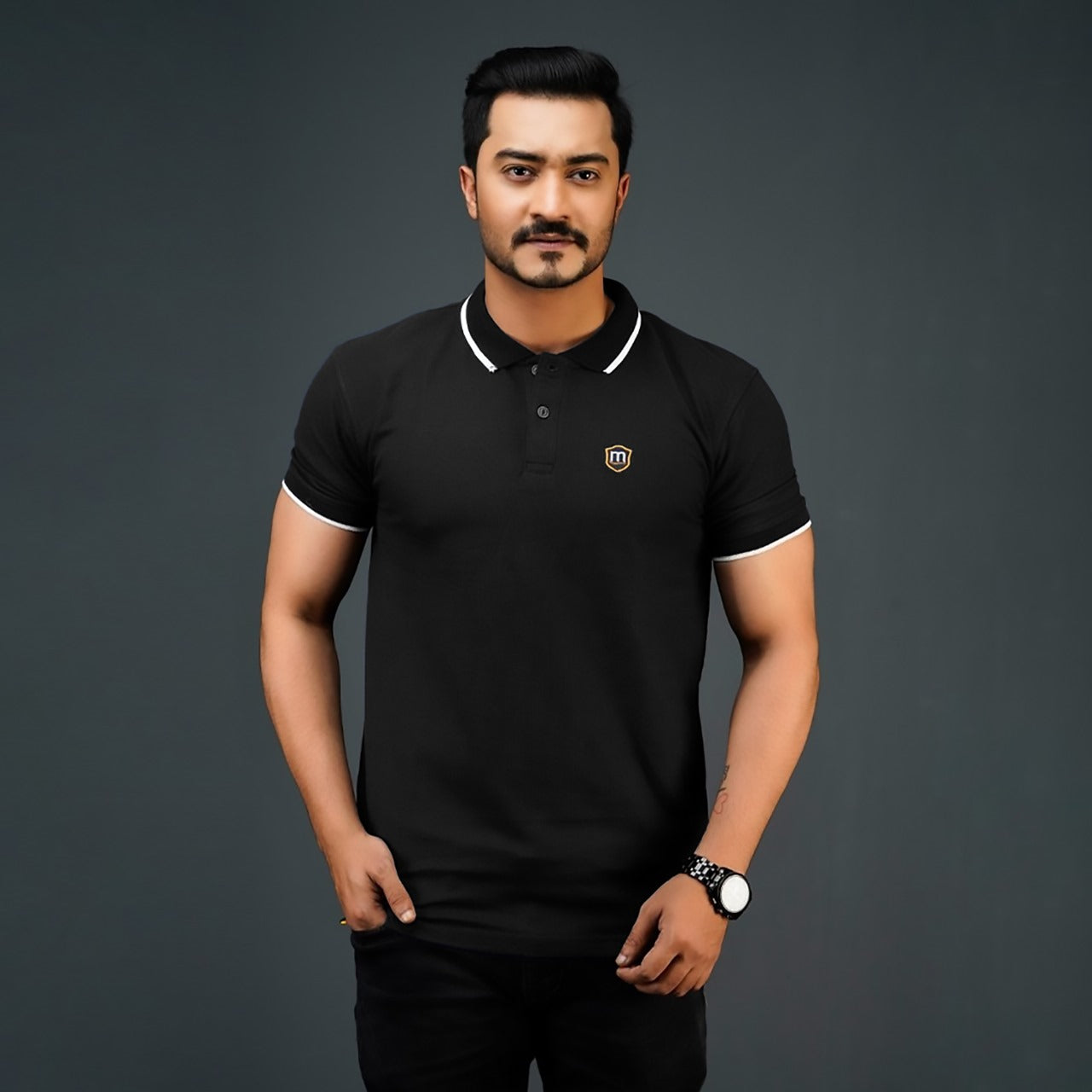 🤍💖 Men's Solid Texture Polo Shirt- Black 🤍💖