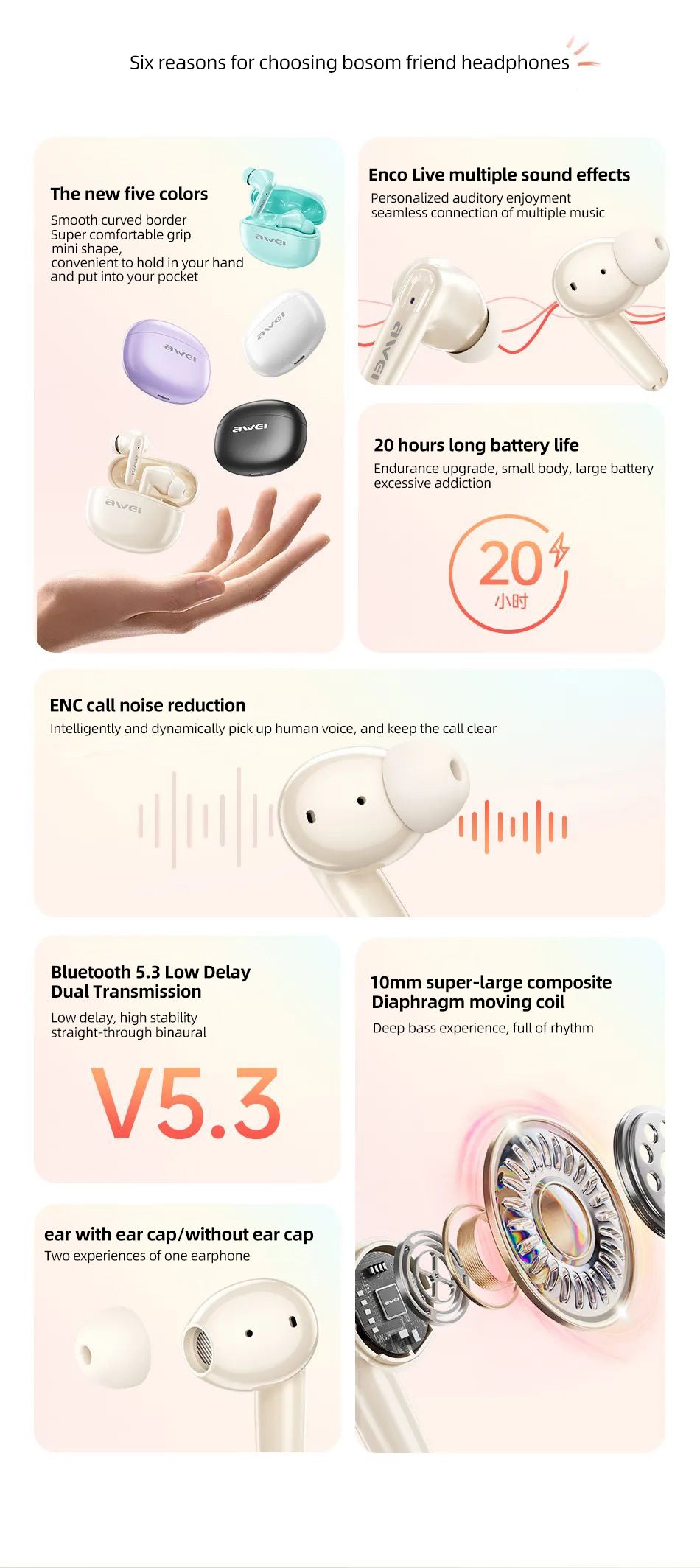 Awei T90 2 in 1 ENC Wireless Bluetooth Earbuds With Mic Noise Reduction Headphones