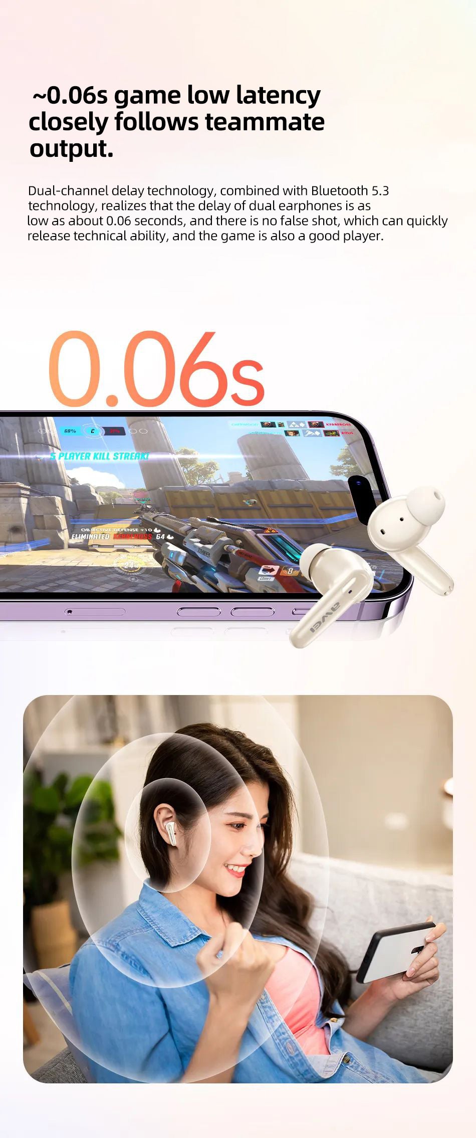 Awei T90 2 in 1 ENC Wireless Bluetooth Earbuds With Mic Noise Reduction Headphones