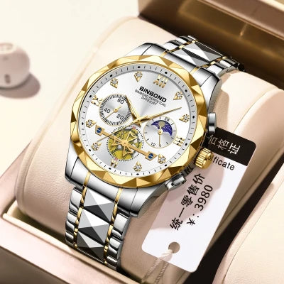 🤍💖 BINBOND B3982 New Style Silver Men Quartz Watch Authentic Stainless Steel Band Date Display Dials Decoration Watch 🤍💖