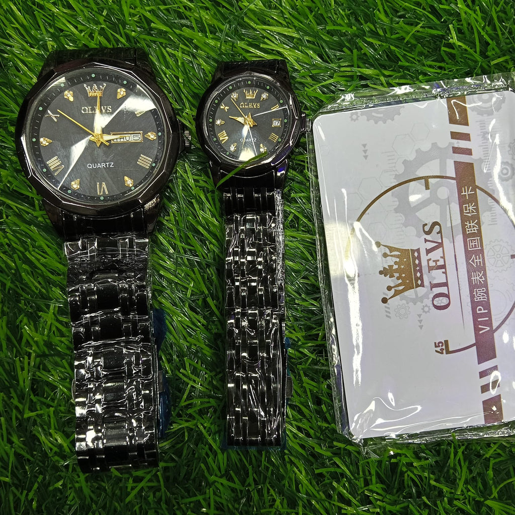 🤍💖 Butter Fly Lock Olievs Stainless Steel fashionable Couple watches +1pcs chain cutter+ 2 pcs battery Full Black 🤍💖