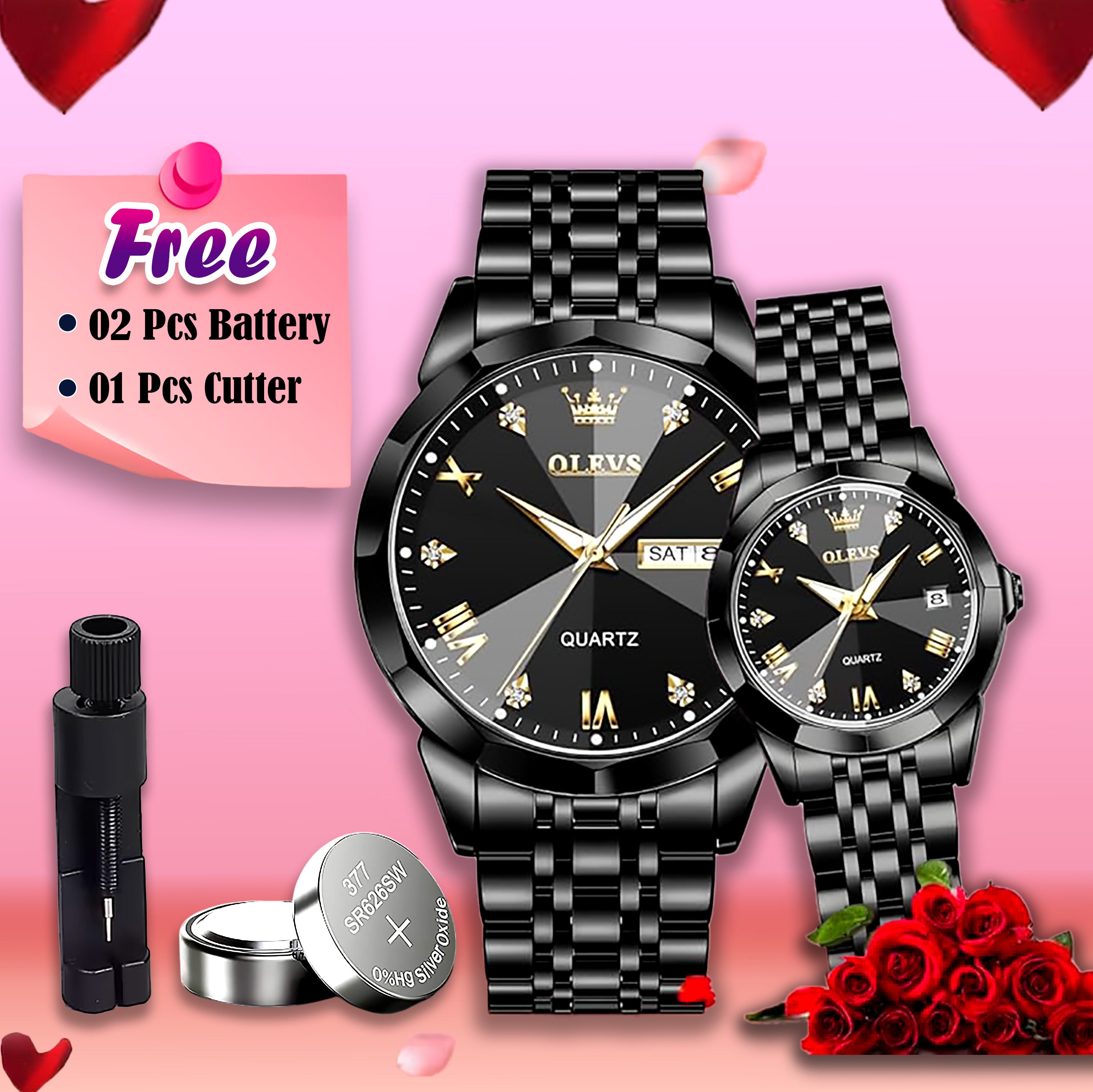 🤍💖 Butter Fly Lock Olievs Stainless Steel fashionable Couple watches +1pcs chain cutter+ 2 pcs battery Full Black 🤍💖
