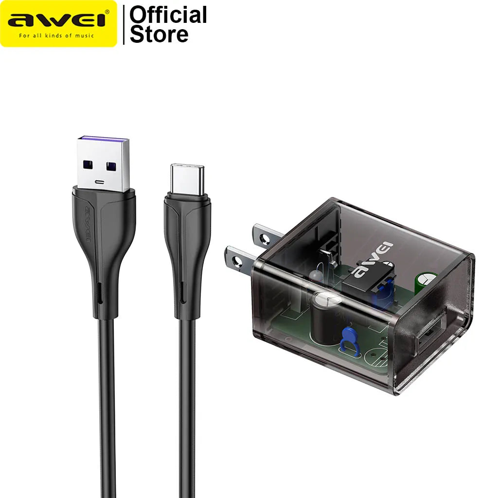 Awei C11T Fast Charging Type-C Adapter Transparent Wall Charger with 1M Type-C Data Transfer Cable