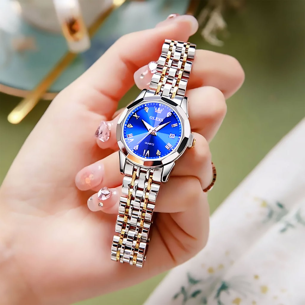 🤍💖 OLEVS Watch for Women Branded Stainless steel Elegant Luminous Ladies Watches 9931 Silver Royal Blue 🤍💖