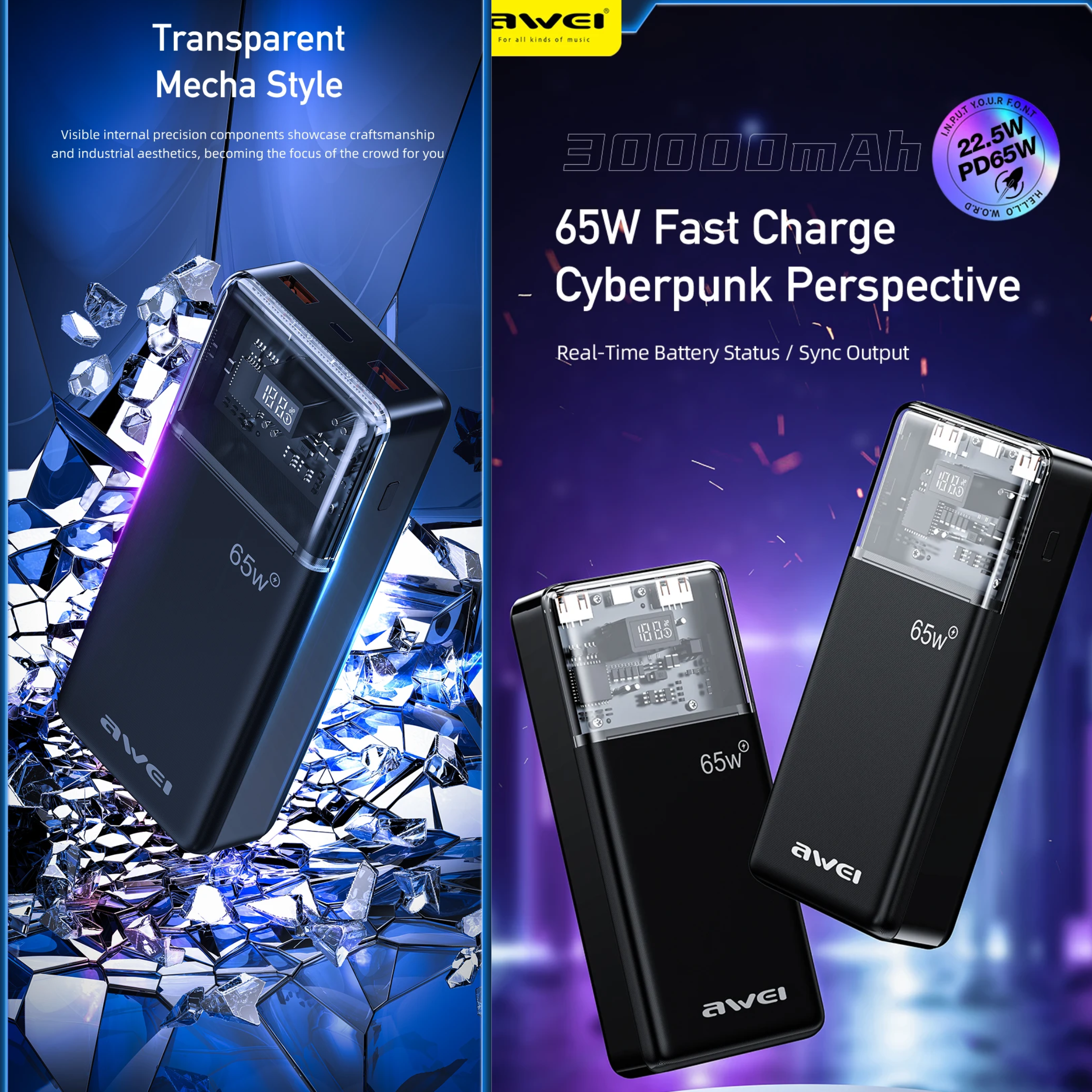 🤍💖 Awei P109K 30000mAh Type C PD65W Fast Charge Powerbank 🤍💖