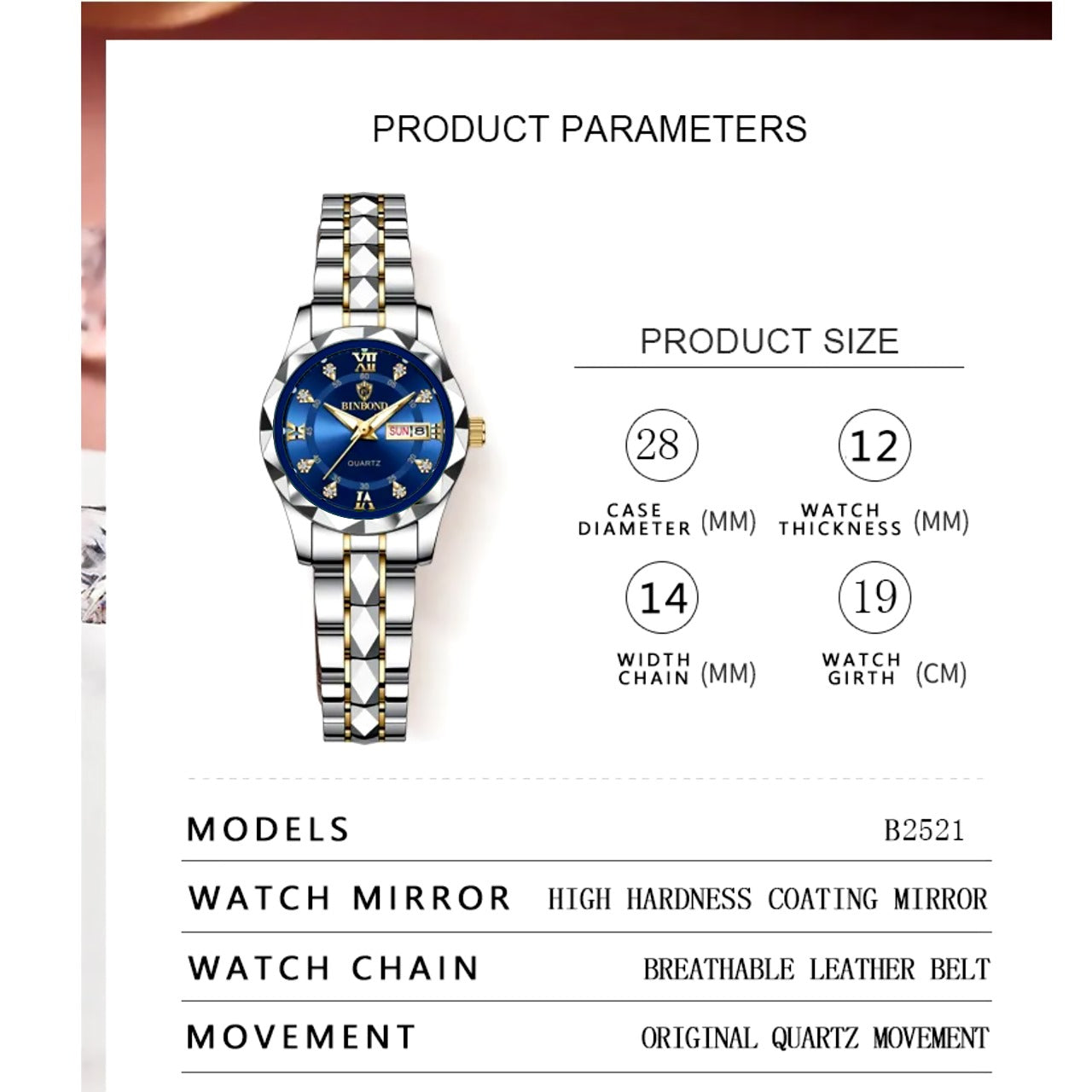 🤍💖 BINBOND Top Brand Luxury Fashion Business Womens Watches 30M Week Date Clock Sport Quartz Womens Wristwatch 🤍💖