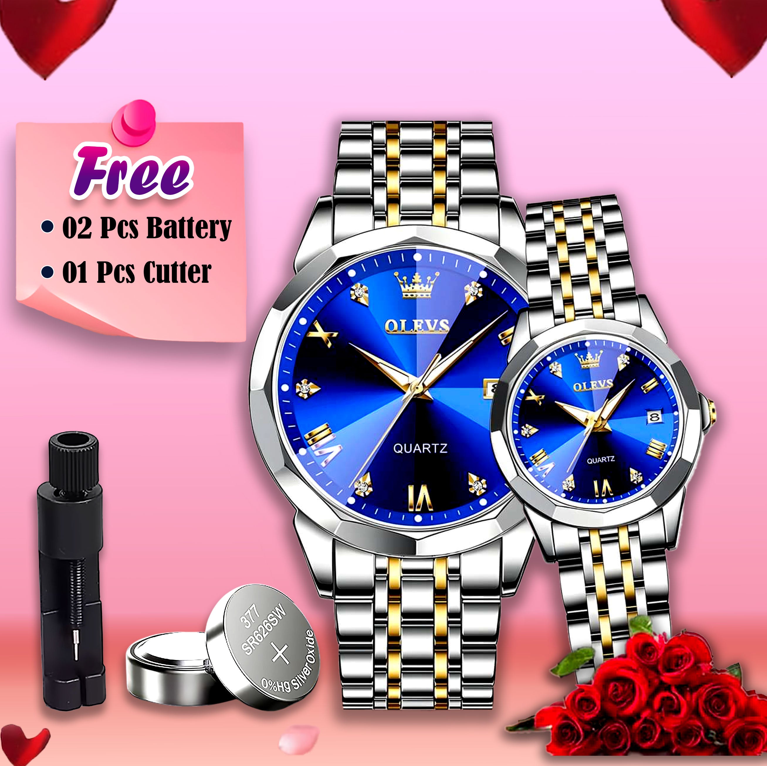 🤍💖 Olevs Stainless Steel fashionable Couple watches Silver Royal Blue 🤍💖