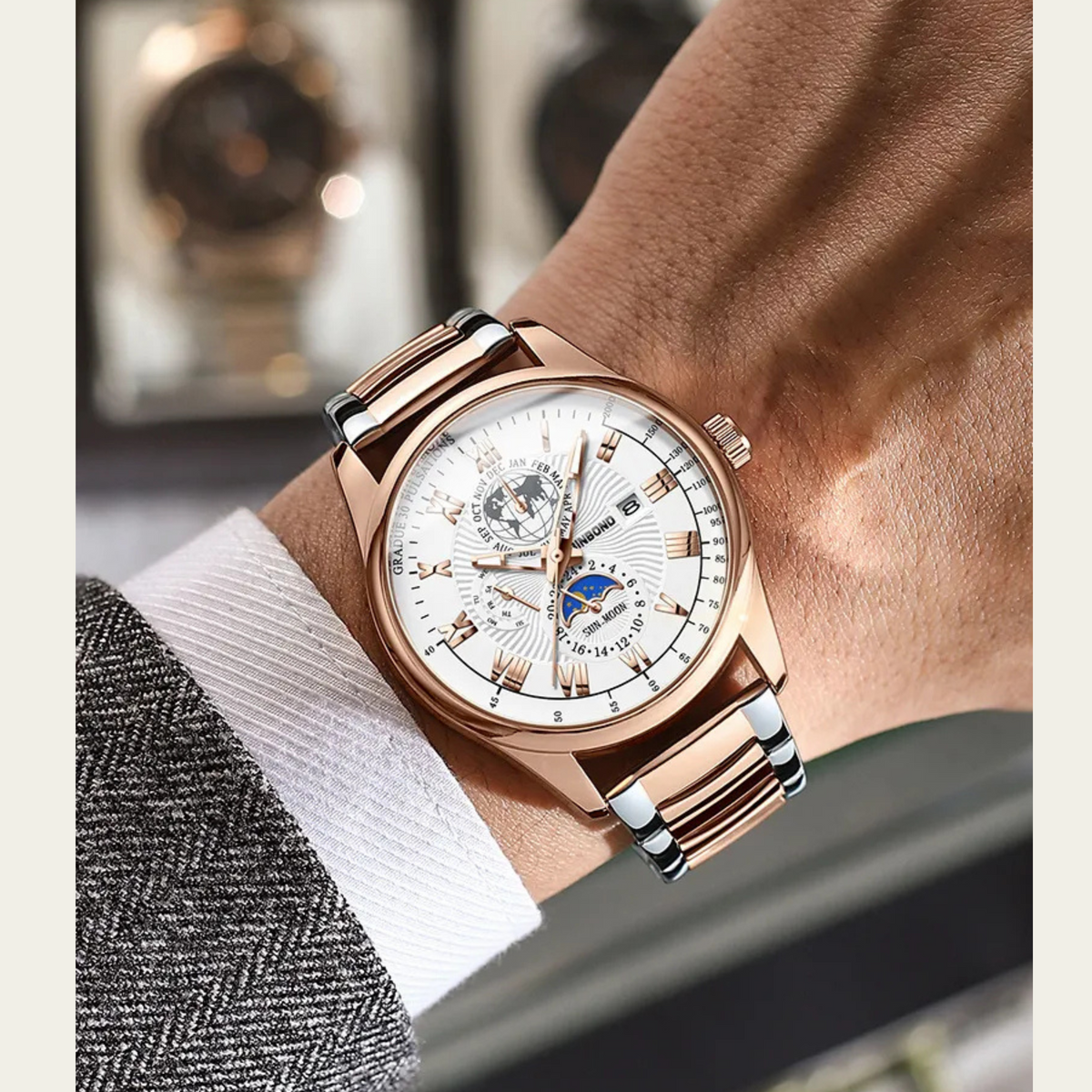 🤍💖 BINBOND B3982 New Style Silver Men Quartz Watch Authentic Stainless Steel Band Date Display Dials Decoration Watch 🤍💖