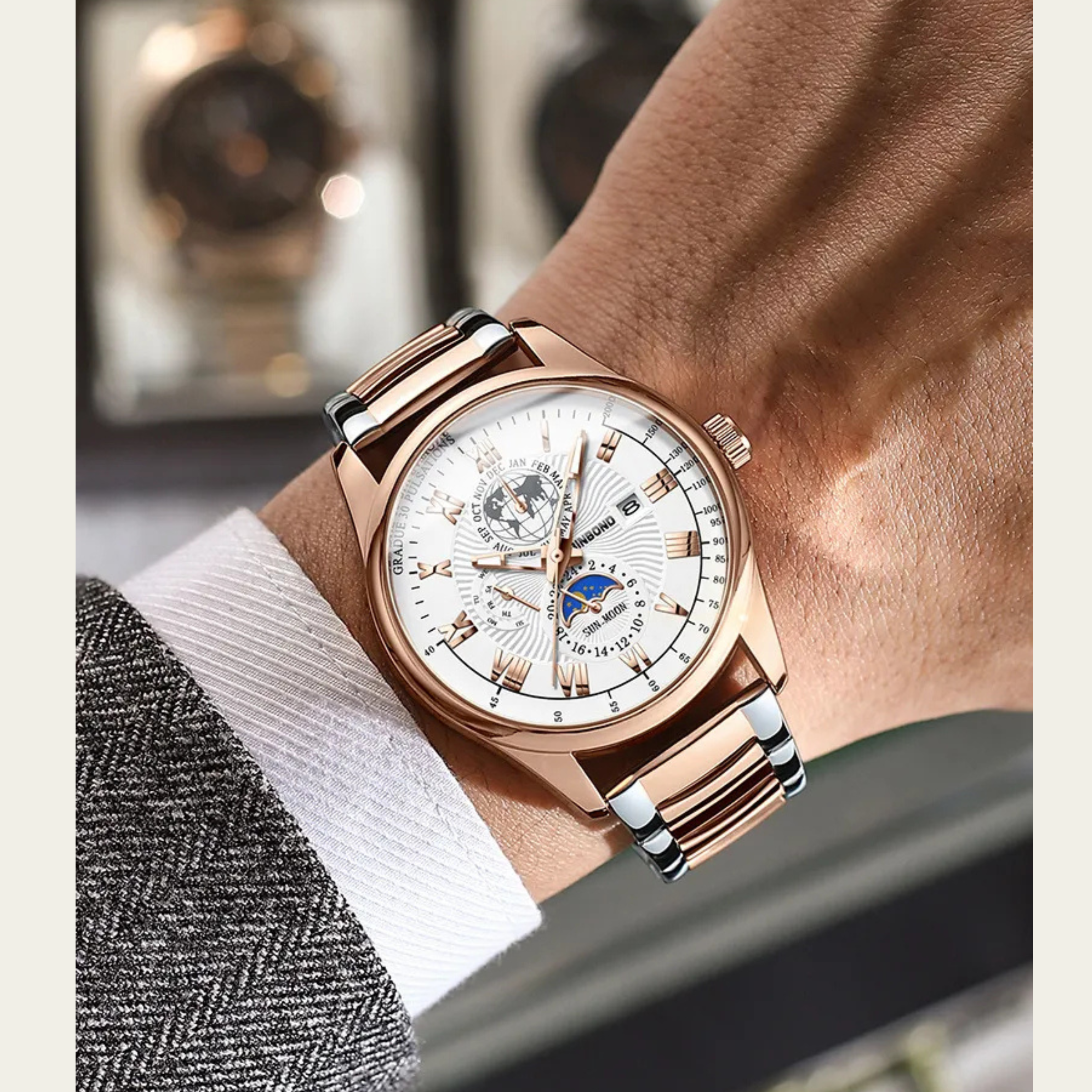 🤍💖 BINBOND B3982 New Style Silver Men Quartz Watch Authentic Stainless Steel Band Date Display Dials Decoration Watch 🤍💖