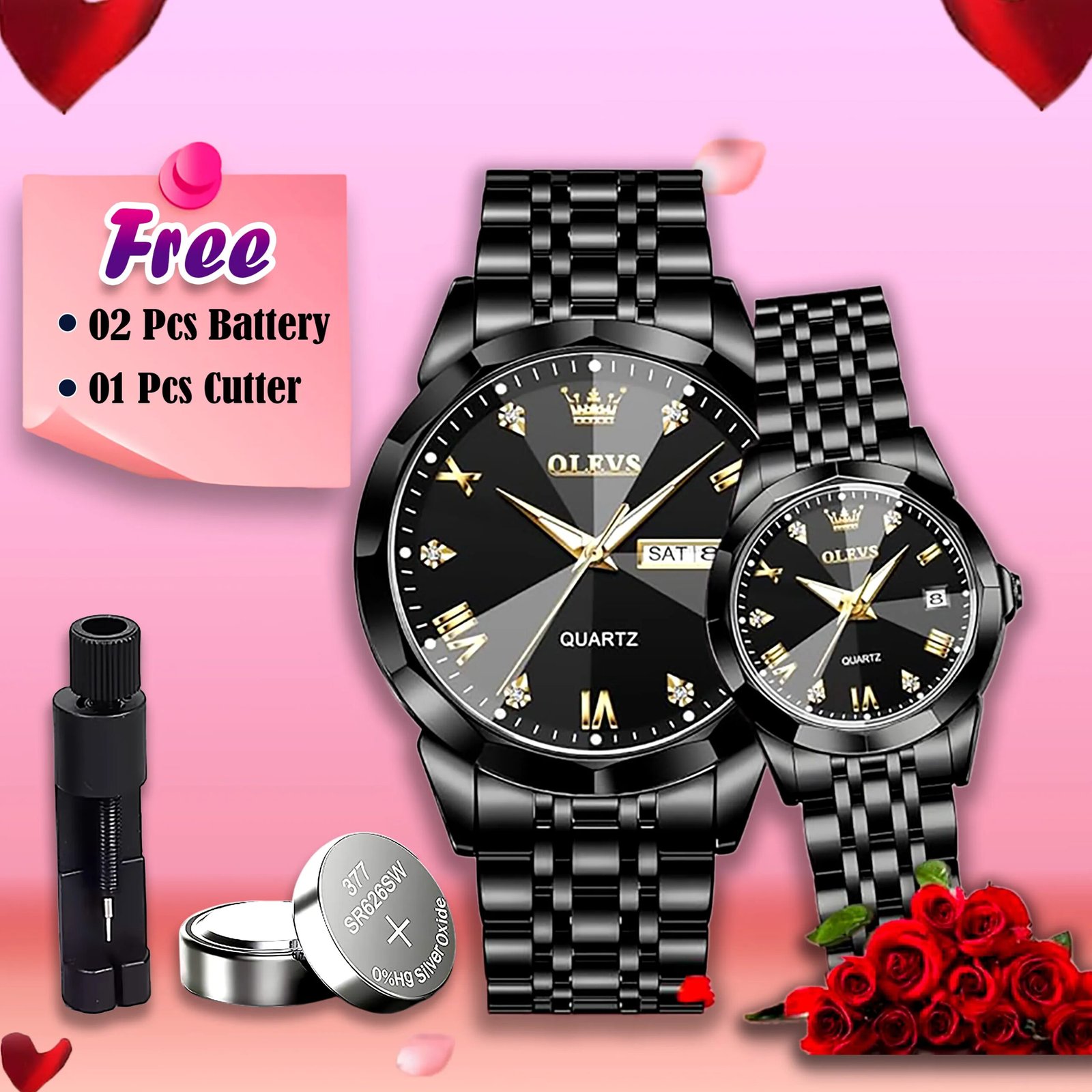 Butter-Fly-Lock-Olievs-Stainless-Steel-fashionable-Couple-watches-1pcs-chain-cutter-2-pcs-battery-Full-Black-1 Butter Fly Lock Olievs Stainless Steel fashionable Couple watches +1pcs chain cutter+ 2 pcs battery Full Black - Image 1