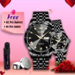 Butter  Fly Lock Olievs  Stainless Steel fashionable  Couple watches +1pcs chain cutter+ 2 pcs battery Full Black - Image 2