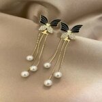 Cubic Zirconia Decor Butterfly & Faux Pearl Drop Earrings - Image 2