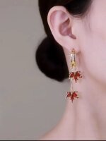 Fashion Red Maple Leaf Gold Plated Ear Hoop Earrings Dangle Women Jewelry - Image 2