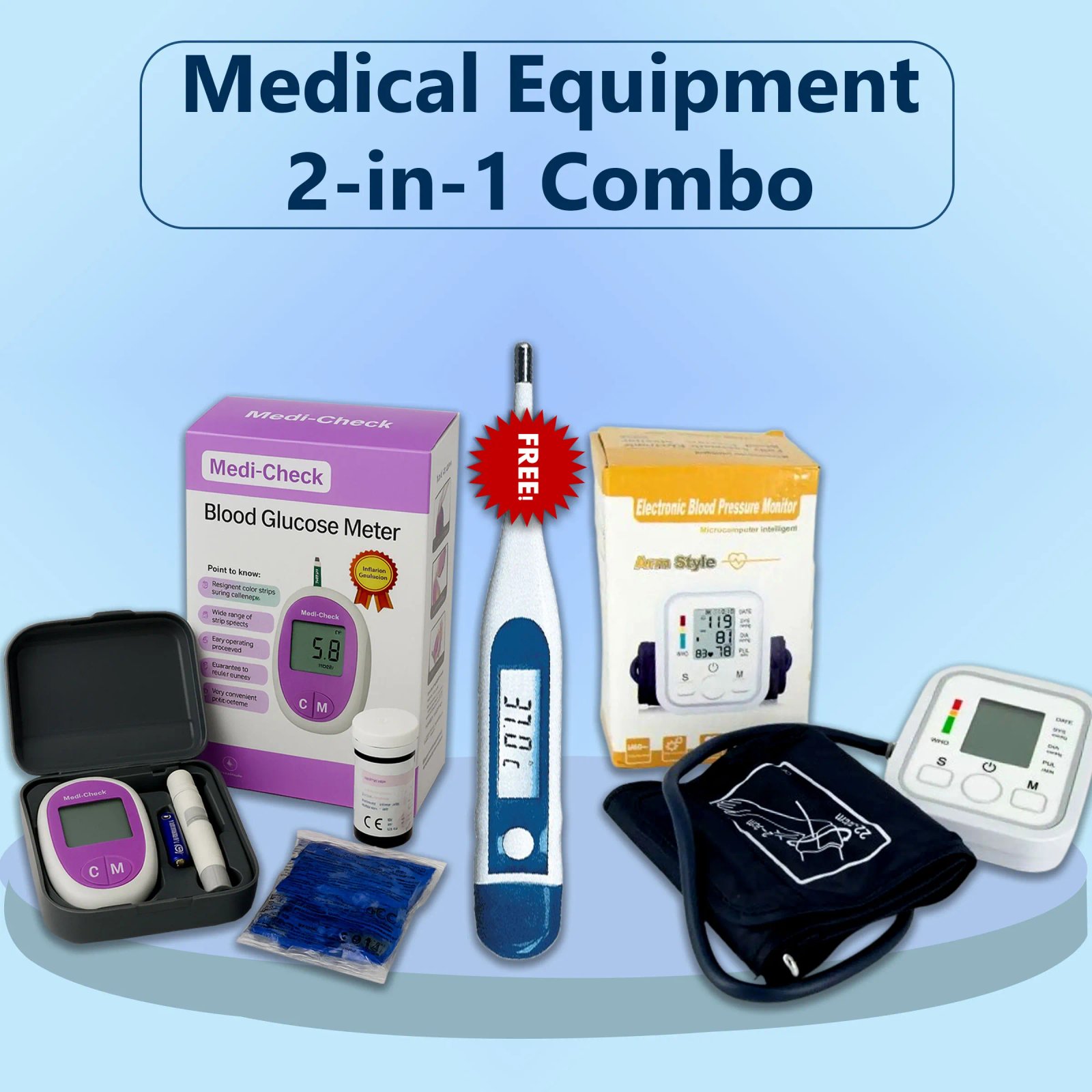 Medical-Equipment-2-in-1-Combo-Pack-with-Free-Thermometer-Blood-Glucose-Meter-Digital-BP-Monitor Medical Equipment 2-in-1 Combo Pack with Free Thermometer (Blood Glucose Meter + Digital BP Monitor) - Image 1