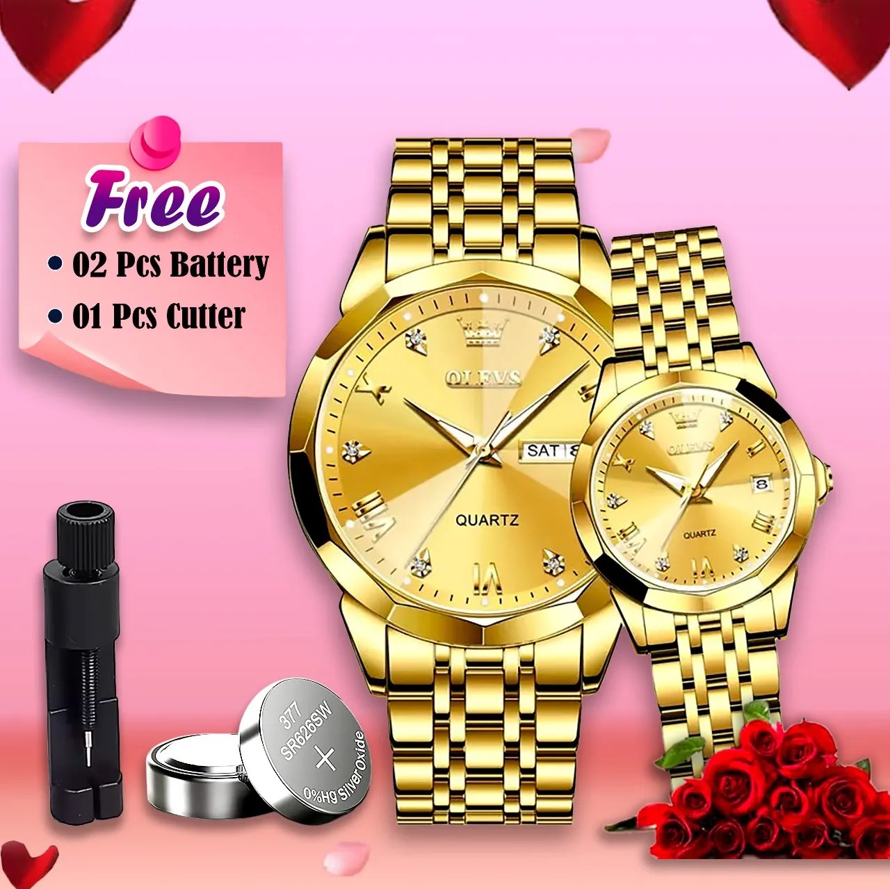 Olevs-Stainless-Steel-fashionable-Couple-watches-Full-Golden-2 Olevs Stainless Steel fashionable Couple watches Full Golden - Image 1