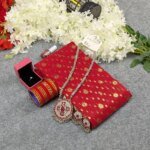 Premium Half Silk Jamdani Saree Combo Set - Red - Image 3