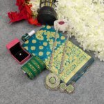 Premium Silk Katan Saree Combo Set - Ocean Green - Image 4