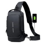 USB charging sport sling Anti-theft shoulder bag (Black)
