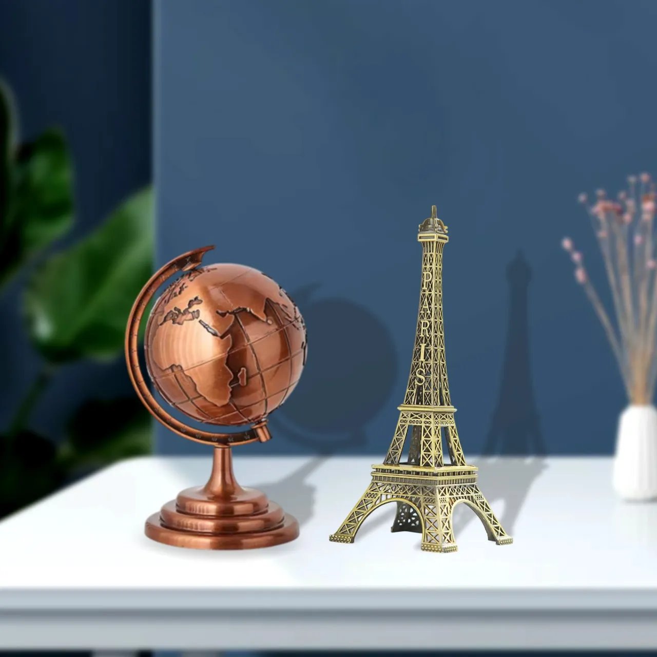 World Map 3D Rotating Glove Decoration Bronze   Color & Eiffel Tower Metal Showpiece Decoration Gift - Image 1