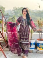 জর্জেট গর্জাস এমব্রয়ডারি থ্রি-পিস সেট - লাক্সারি পার্টি কালেকশন - Image 5