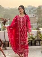প্রিমিয়াম রেড হেভি এমব্রয়ডারি থ্রি পিস সালোয়ার কামিজ সেট উইথ ডিজাইনার দুপাট্টা – পার্টি ও ঈদ কালেকশন