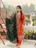 প্রিমিয়াম এমব্রয়ডারি করা লাল ও ডার্ক গ্রিন পাকিস্তানি স্টাইল সালোয়ার কামিজ সেট উইথ এলিগেন্ট দুপাট্টা