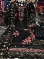 প্রিমিয়াম ব্ল্যাক হেভি এমব্রয়ডারি থ্রি পিস সালোয়ার কামিজ সেট উইথ ডিজাইনার দুপাট্টা – পার্টি ও ঈদ কালেকশন