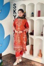 প্রিমিয়াম এমব্রয়ডারি করা লাল ও ডার্ক গ্রিন পাকিস্তানি স্টাইল সালোয়ার কামিজ সেট উইথ এলিগেন্ট দুপাট্টা - Image 3