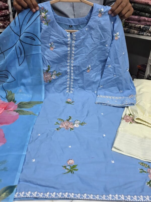 Premium Sky Blue Cotton Embroidered 3 Piece Suit for Women | Floral Embroidery Cotton Salwar Kameez