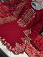 Premium Red Cotton Embroidered 3 Piece Suit for Women | Elegant Black Embroidery Cotton Salwar Kameez with Printed Dupatta - Image 2