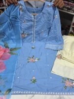 Premium Sky Blue Cotton Embroidered 3 Piece Suit for Women | Floral Embroidery Cotton Salwar Kameez - Image 4