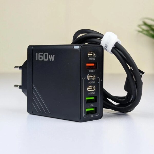 160W Super Fast Multi-Port GaN Charger with 6-in-1 Power Delivery & Type-C Cable