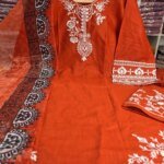 Premium Orange Cotton Embroidered 3 Piece Suit for Women | Elegant Cotton Salwar Kameez with Printed Dupatta