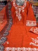 Premium Orange Cotton Embroidered 3 Piece Suit for Women | Elegant Cotton Salwar Kameez with Printed Dupatta