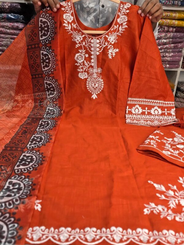Premium Orange Cotton Embroidered 3 Piece Suit for Women | Elegant Cotton Salwar Kameez with Printed Dupatta