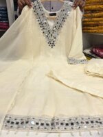 Premium Ivory Star Georgette Sharara Set for Women | Embroidery & Mirror Work 3 Piece Party Wear Dress - Image 3