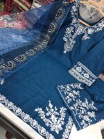 Premium Blue Cotton Embroidered 3 Piece Suit for Women | Elegant Cotton Salwar Kameez with Printed Dupatta - Image 4