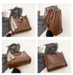 Stylish Women’s Leather Shoulder Bag Set with Matching Pouch – Elegant Tote Handbag in Black, Cream & Brown - Image 11