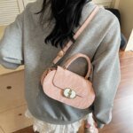 Elegant Mini Top Handle Handbag for Women – Chic Crossbody Purse with Gold Lock Closure in Pink, Green & Beige - Image 14